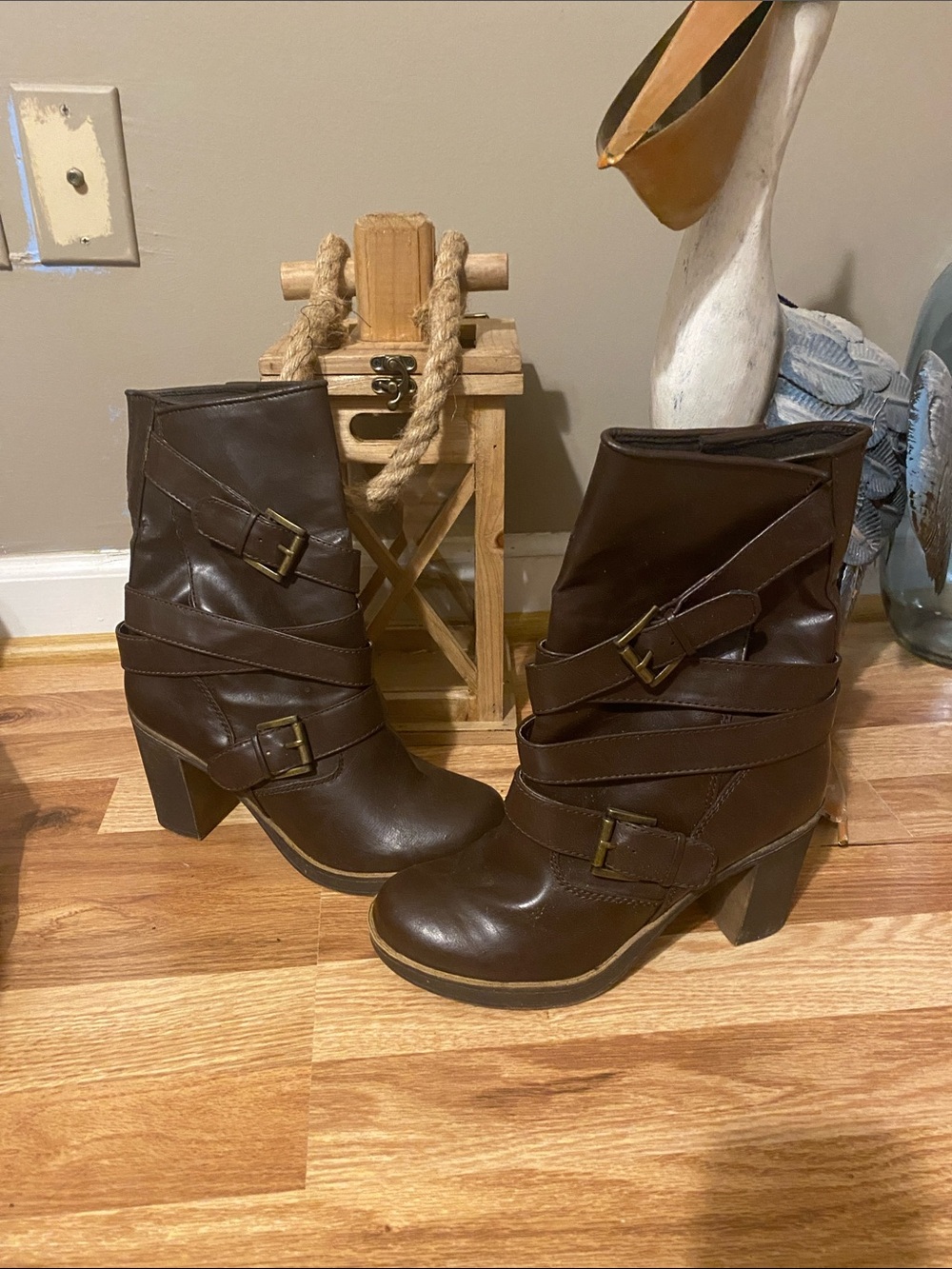 Nine West Dark Brown Strappy Buckle Heeled Boots